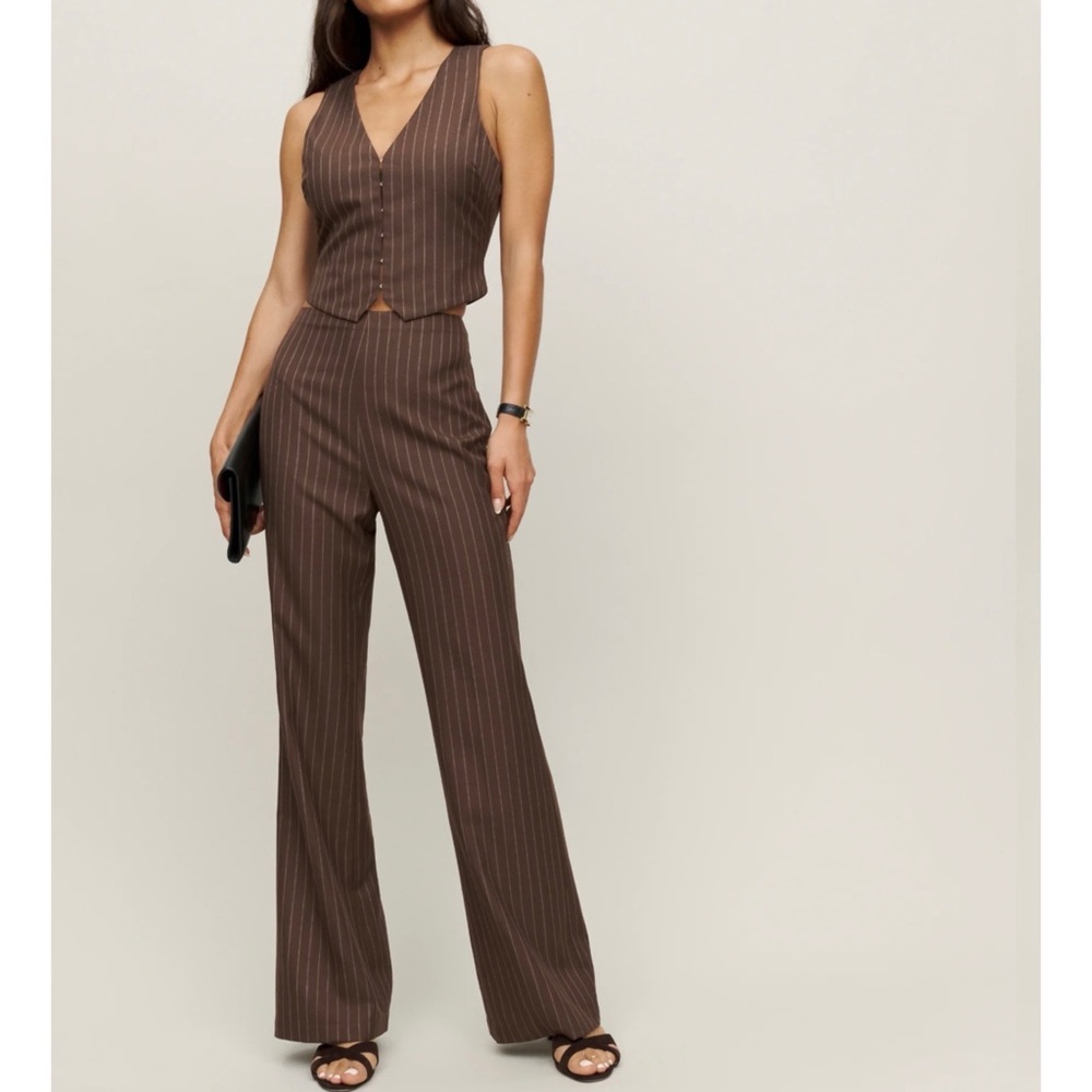 Reformation brown pinstripe vest and pant set